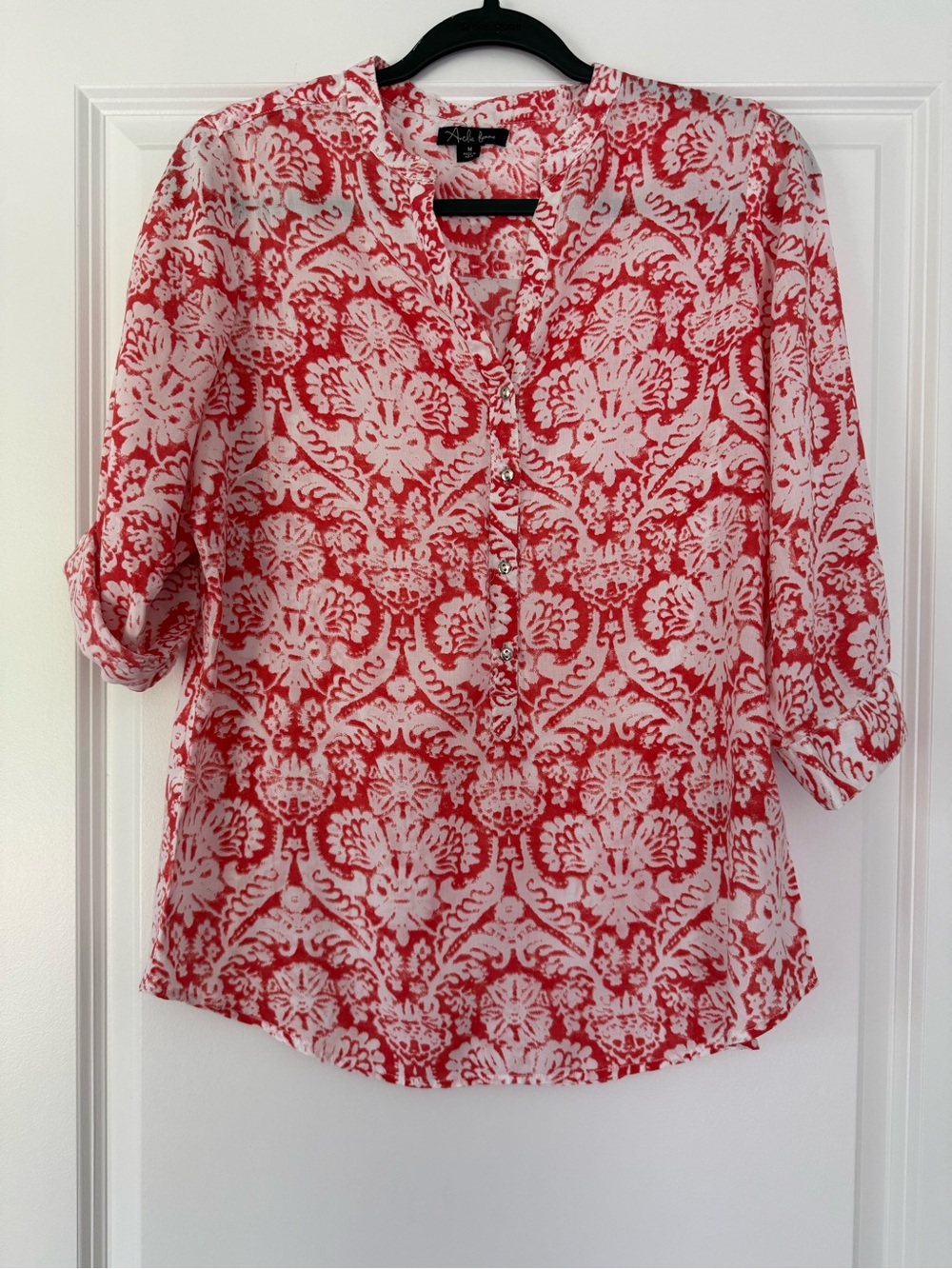 Antilia Femme Red and White Floral Henley Blouse